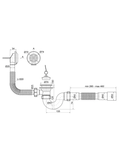 Сифон для ванны Optimum OPTI-26133 прямоточный с выпуском 1 1/2 дюйма, переливом и гофроутробой 40х40/50