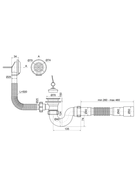 Сифон для ванны Optimum OPTI-26133 прямоточный с выпуском 1 1/2 дюйма, переливом и гофроутробой 40х40/50