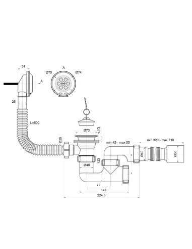 Сифон для ванны Optimum OPTI-26033 с ревизией, выпуском 1 1/2 дюйма х 40, переливом и гофроутробой 40х40/50