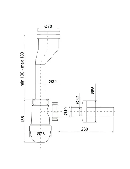 Сифон для пісуару Optimum OPTI-19708 з трубкою 40/32х200, розетками 32 та 40