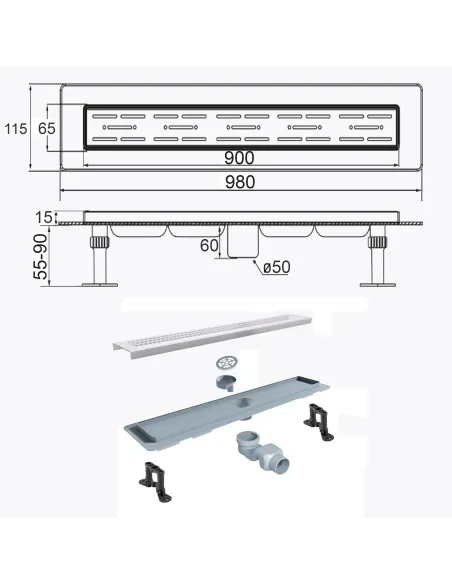 Душовий трап Tillo TM009-90, лінійний, сухий затвор