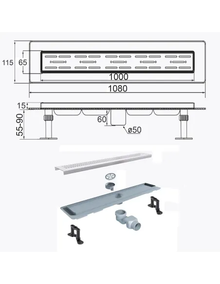 Душовий трап Tillo TM009-100, лінійний, сухий затвор