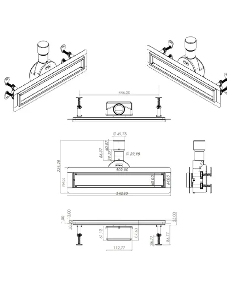 Душовий трап Tillo TM256-50, лінійний, сухий затвор