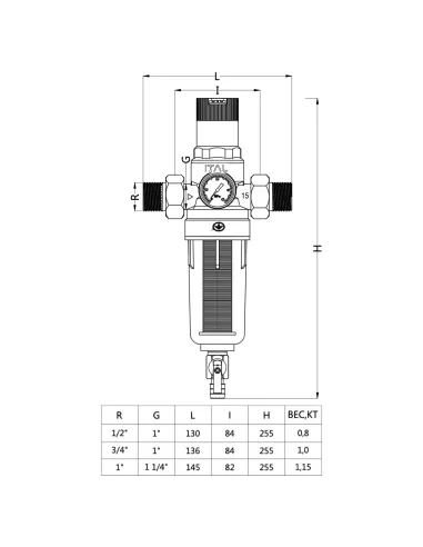Самопромивний фільтр ITAL IT34-H8902 3/4 дюйма з манометром та редуктором тиску
