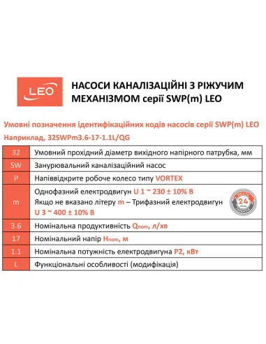 Фекальний насос Leo 3.0 32SWPm3.6-17-1.1L/QG (773951) 1,1 кВт, напір 18 м, з різальним механізмом