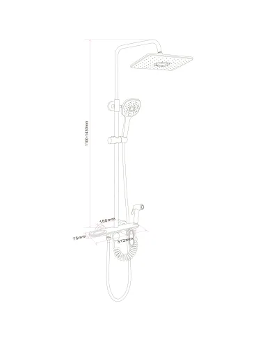 Душевая система Globus Lux BETTA GLBE-2002 высота 143 см, с гигиенической лейкой, без излива, однорычажная