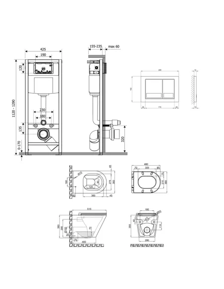 Інсталяція з унітазом Q-Tap Scorpio Ultra Quiet QT1433053EUQW45162 4 в 1, унітаз 520x365x365, клавіша змиву квадратна Chrome