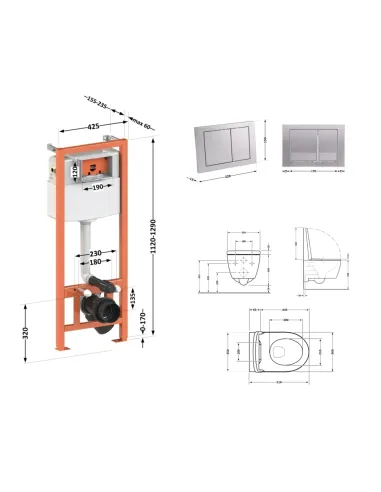 Інсталяція з унітазом Q-Tap Scorpio Ultra Quiet QT1433053EUQW45163 4 в 1, 520x365x365, клавіша змиву квадратна Satin
