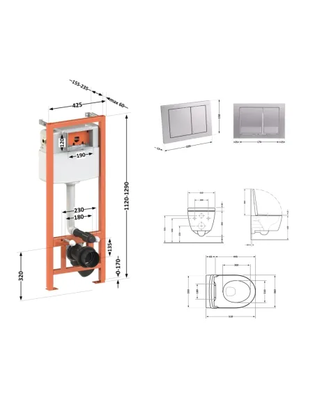 Инсталляция с унитазом Q-Tap Scorpio Ultra Quiet QT1433053EUQW45163 4 в 1, 520x365x365, клавиша смыва квадратная Satin