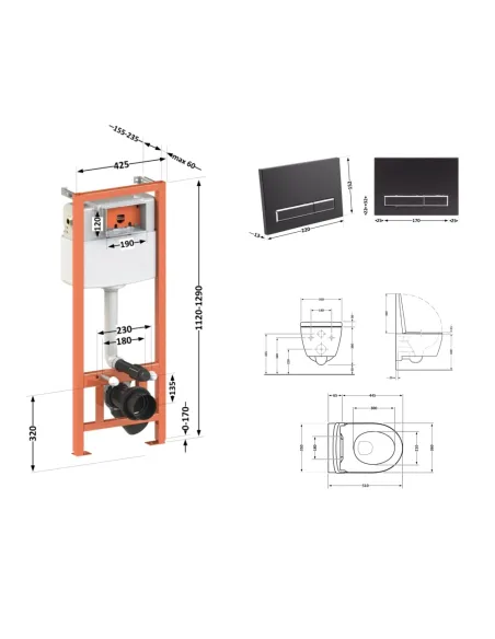 Инсталляция с унитазом Q-Tap Scorpio Ultra Quiet QT1433053EUQW45167 4 в 1, 520x365x365, клавиша смыва линейная Matt Black
