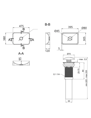 Накладна раковина Q-Tap Aquarius QTAQA188SB49781 Beige, 470х380х120 мм, прямокутна, з донним клаппаном