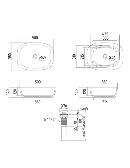 Накладна раковина Q-Tap Cardinal QTCAR188MR49826 Marble, 500х380х140 мм, прямокутна, з донним клаппаном