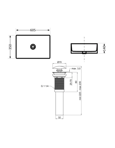 Накладна раковина Q-Tap Tern QTTER188MR49791 Marble, 610х350х135 мм, прямокутна, з донним клаппаном