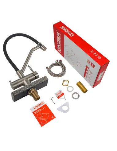 Смеситель для кухни с гибким изливом Koer KB-74027-02 KR5201, черный гофроизлив, с выходом для питьевой воды и функцией водопад