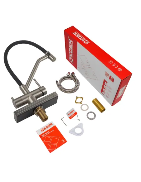 Смеситель для кухни с гибким изливом Koer KB-74027-02 KR5201, черный гофроизлив, с выходом для питьевой воды и функцией водопад