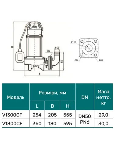 Фекальный насос NPO V1300СF 1.4 кВт, поплавковый выключатель, с режущим механизмом