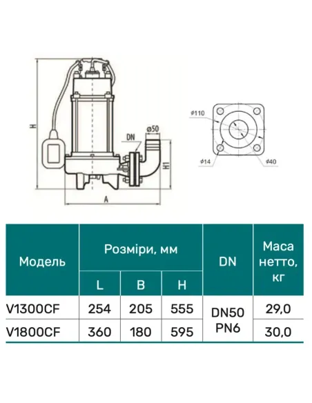 Фекальний насос NPO V1300СF 1.4 кВт, поплавковий вимикач, з ріжучим механізмом