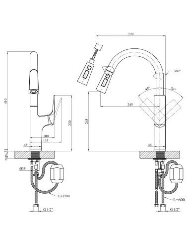 Смеситель для кухни Kroner KRP Vog - GRP030-T, 2 режима работы, выдвижной излив