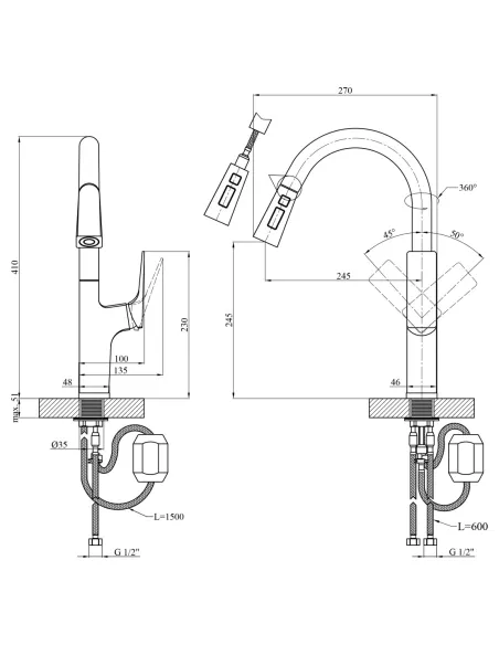 Смеситель для кухни Kroner KRP Vog - GRP030-T, 2 режима работы, выдвижной излив