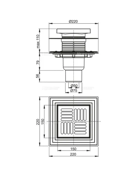Канализационный трап Alcaplast APV4444, 150x150 мм, нержавеющая сталь, прямой отвод