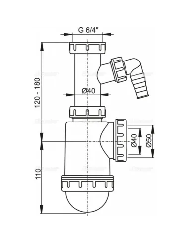Сифон для мийки Alcaplast A443P-DN50/40, з виведенням під пральну машинку