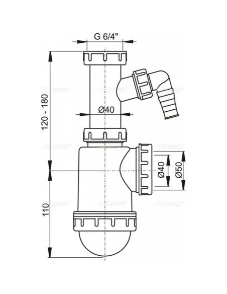 Сифон для мийки Alcaplast A443P-DN50/40, з виведенням під пральну машинку