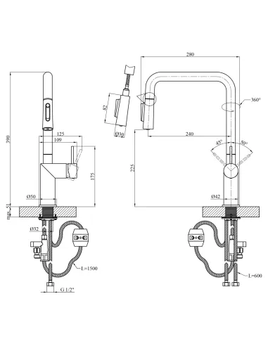 Змішувач для кухні Kroner Element 296569B-3801, з підключенням до фільтра, висувний вилив