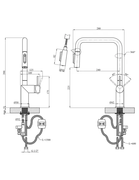 Смеситель для кухни Kroner Element 296569B-3801, с подключением к фильтру, выдвижной излив