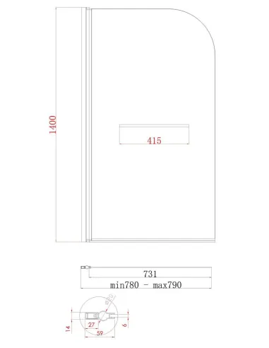 Скляна шторка для ванної Koer SR BS02-80x140-TR-01, розстібна