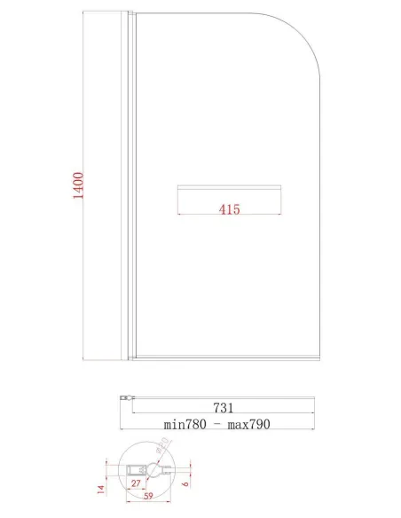 Скляна шторка для ванної Koer SR BS02-80x140-TR-01, розстібна