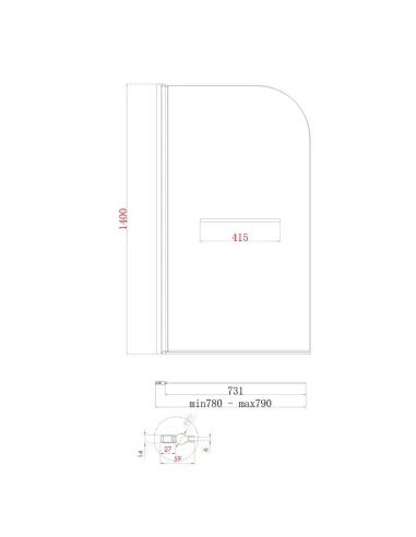 Скляна шторка для ванної Koer SR BS02-80x140-TR-07, розстібна
