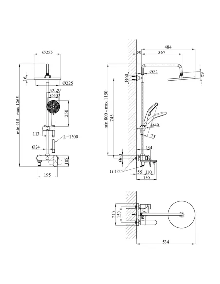 Душевая система Kroner Element 211318-0101, с изливом, высота 91.5-126.5 см, однорычажная