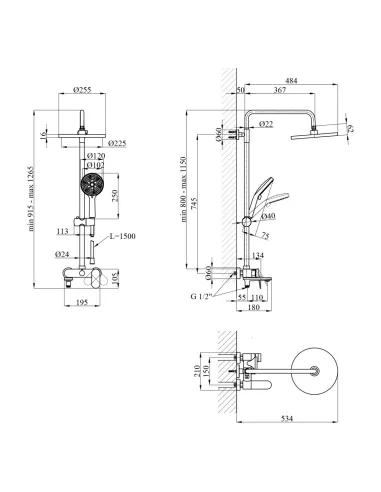 Душова система Kroner Element 211318-5301, з виливом, висота 91.5-126.5 см, одноважільна