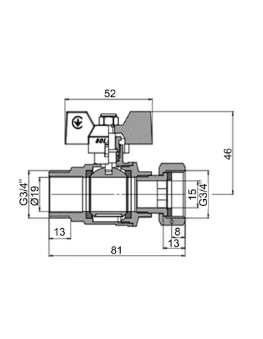 Кран шаровой прямой Solomon V5003-S 3/4 дюйма НВ с накидной гайкой