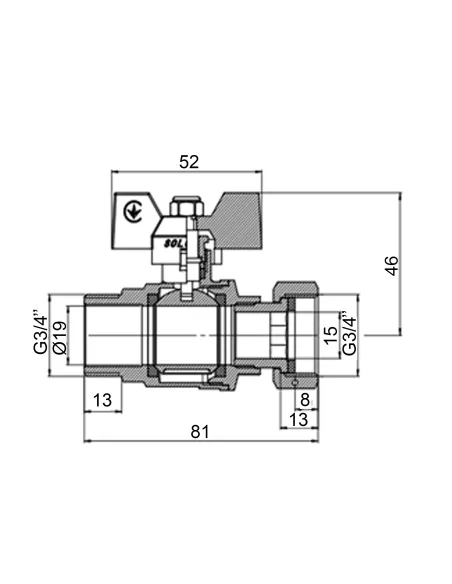 Кран шаровой прямой Solomon V5003-S 3/4 дюйма НВ с накидной гайкой