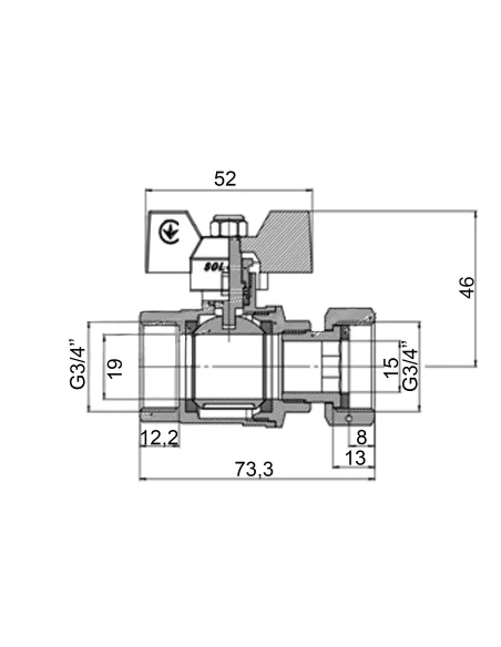 Кран шаровой прямой Solomon V6003-S 3/4 дюйма ВВ с накидной гайкой