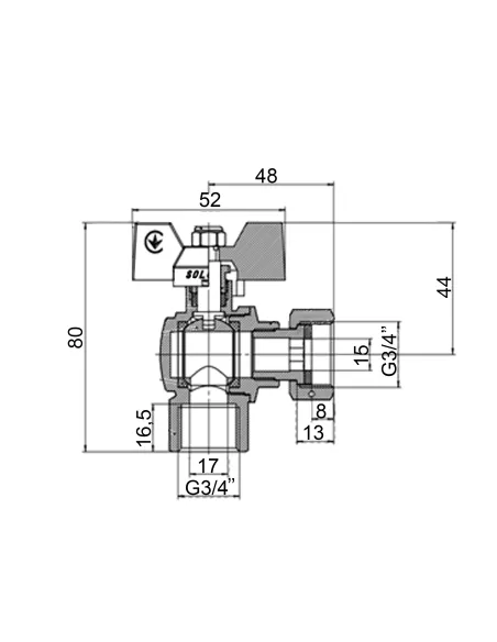 Кран шаровой угловой Solomon V3003-S 3/4 дюйма ВВ с накидной гайкой