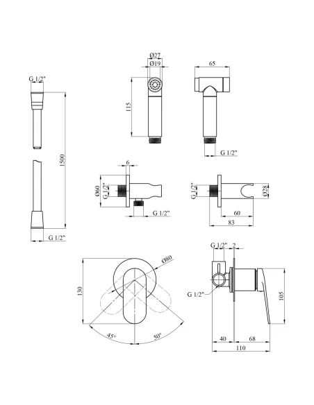 Набор для гигиенического душа Kroner Element 211234-5301, со смесителем, скрытый монтаж 