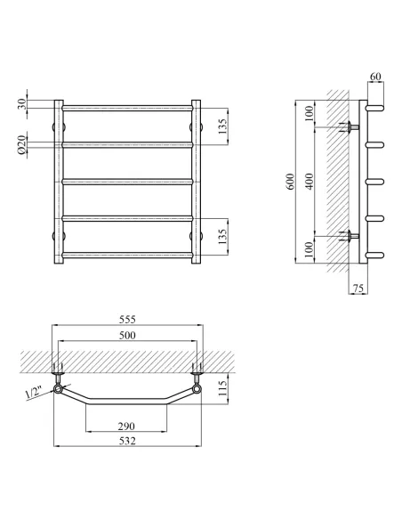 Полотенцесушитель Kroner KRP Diva WT600x500-5, водяной