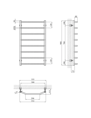 Полотенцесушитель Kroner KRP Diva WT900x500-8, водяной