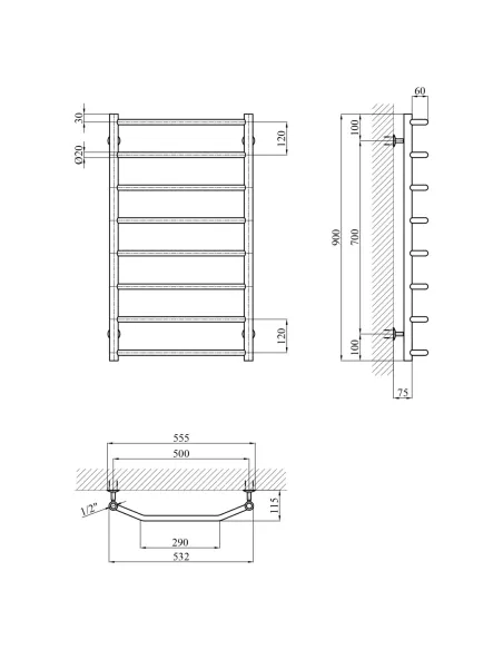 Полотенцесушитель Kroner KRP Diva WT900x500-8, водяной