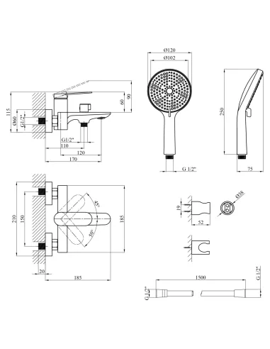 Смеситель для ванны Kroner Element 211315-0101 с душевым набором, однорычажный, хром