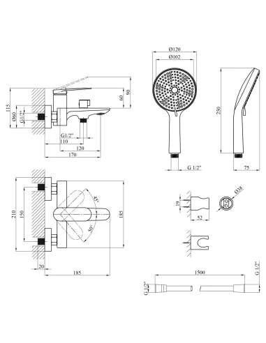 Змішувач для ванни Kroner Element 211315-3801 з душовим набором, одноважільний, чорний