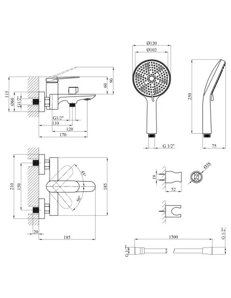 Смеситель для ванны Kroner Element 211315-3801 с душевым набором, однорычажный, черный