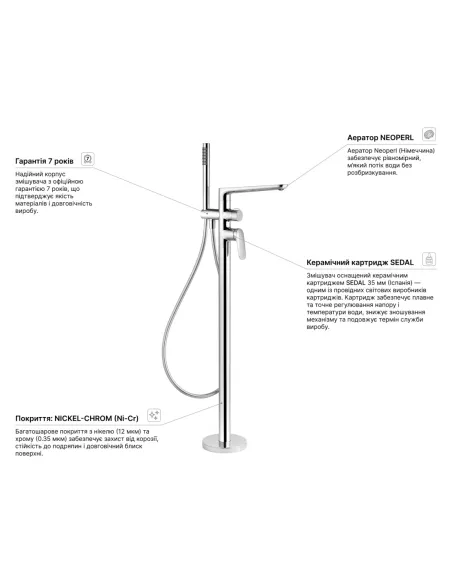 Смеситель для ванны Kroner Element 211339-0101, напольный, с душевым набором, однорычажный