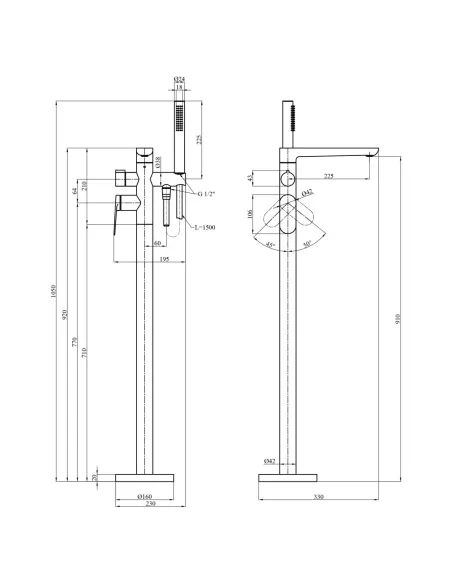 Смеситель для ванны Kroner Element 211339-3801, напольный, с душевым набором, однорычажный