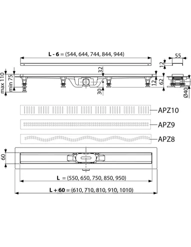 Душевой трап Alcaplast APZ10-650M, мокрый затвор