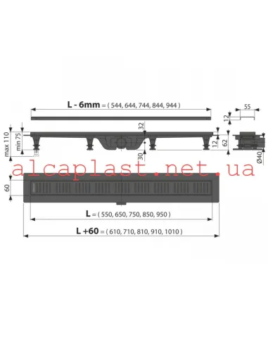 Душевой трап Alcaplast APZ10Black-750M, мокрый затвор