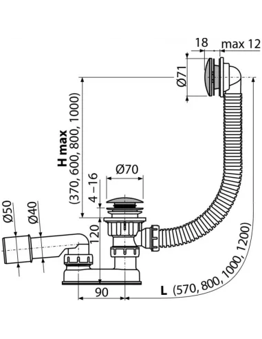 Сифон для ванны Alcaplast A504CKM, низкий, Click-Clack,57 мм