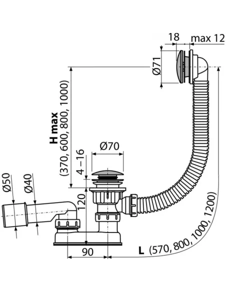 Сифон для ванны Alcaplast A504CKM, низкий, Click-Clack,57 мм